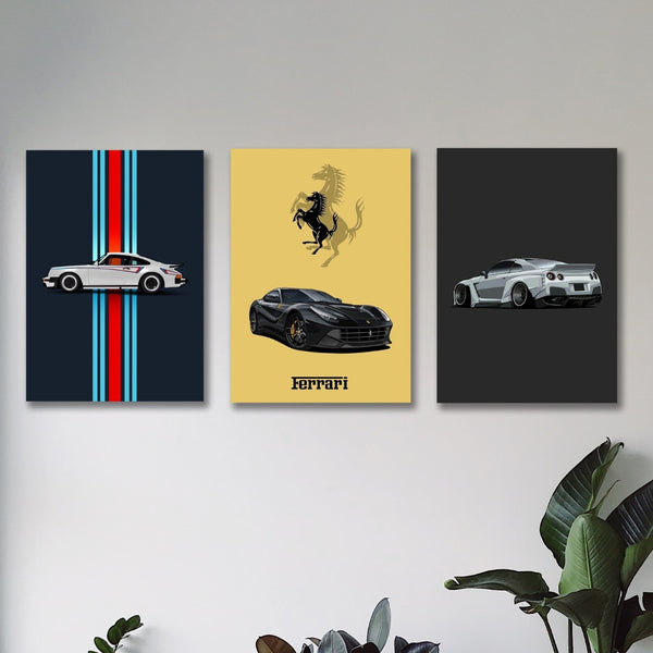 Set of 3 Sports Cars Wooden Canvas Frames