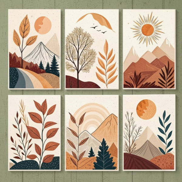 Hills Moon Sun Leaves Wooden Wall Art – 6 Piece Decorative Frame Set