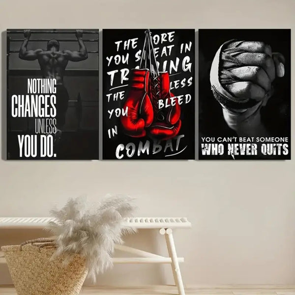 3-Piece Sports Wall Décor – Boxing Motivational Quote Prints, Athletic Black & White Art