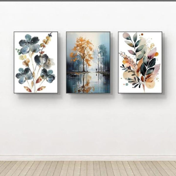 Nature-Inspired Wall Art Set – 3 Wooden Frames with Botanical & Landscape Designs