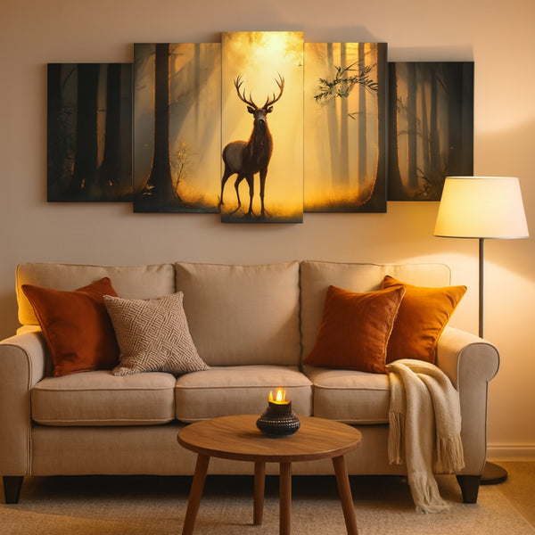 5-Piece Wooden Wall Frame – Deer in Forest Sunset Design